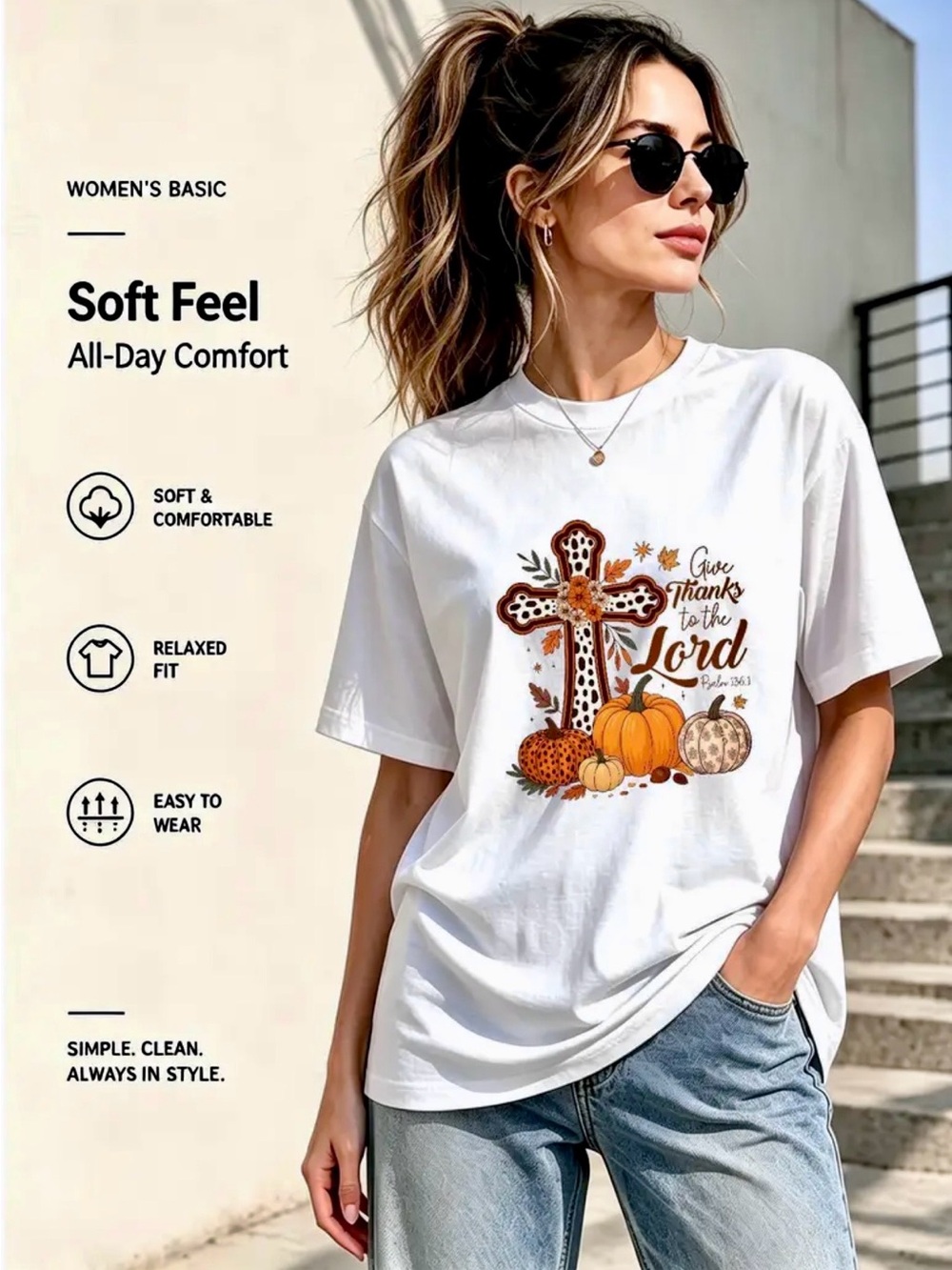 Women's White Short-Sleeve Graphic Tee — Give Thanks to the Lord